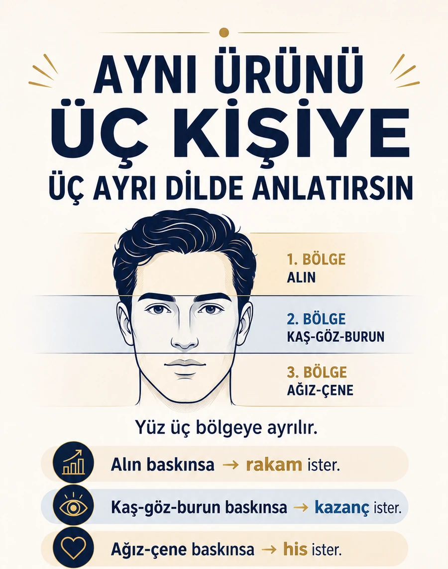 Yüzün üç bölgesi — alın, kaş-göz-burun, ağız-çene — ve her bölgenin baskın olduğu müşterinin hangi dili beklediğini gösteren şema